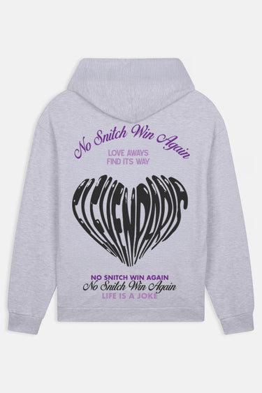 Sweat à capuche Focaccia Gris Chiné de dos, grand coeur en lettres et texte No Snitch Win Again violet
