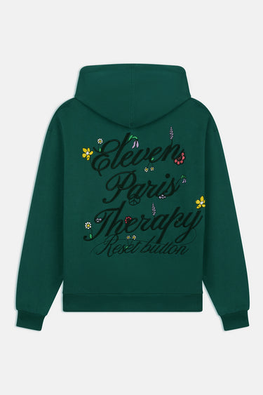 Sweat à capuche Folezia Vert de dos, broderie Eleven Paris Therapy avec petites fleurs colorées