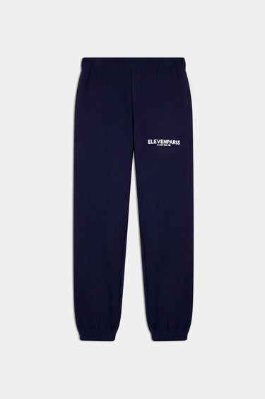 Jogging Foly Bleu Marine de face sur fond blanc, inscription ElevenParis blanche, bas élastiqués
