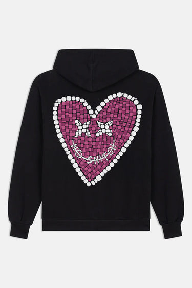 Sweat à capuche Fontenay Noir de dos, grand coeur rose en mosaïque cerné de blanc, visage souriant