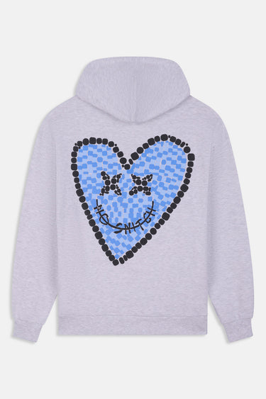 Sweat à capuche Fontenay Gris Chiné de dos, grand coeur bleu en mosaïque cerné de noir