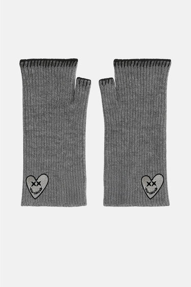 Mitaines en maille côtelée Fraise Gris sur fond blanc, coeur brodé à yeux en croix et bord noir