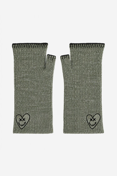 Mitaines en maille côtelée Fraise Kaki sur fond blanc, coeur noir brodé à yeux en croix et bord noir