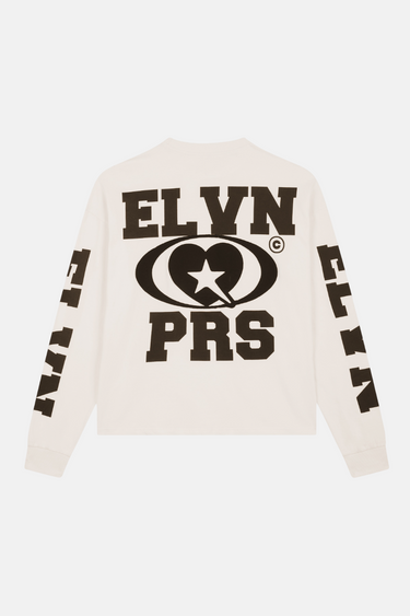 T-shirt manches longues Frankie Écru de dos, grand logo ELVN PRS marron avec coeur et étoile