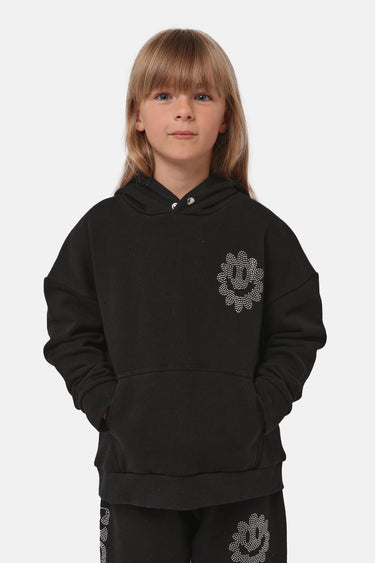Sweat à capuche enfant Farry Noir porté de face, poche kangourou et fleur souriante en strass sur la poitrine