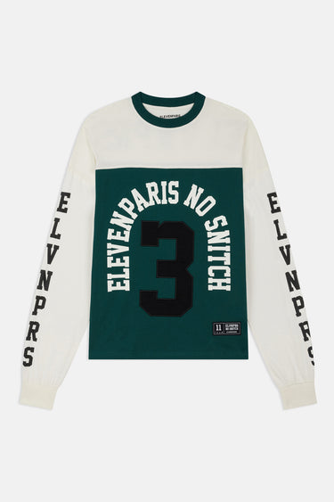 T-shirt manches longues Freddy Vert de face sur fond blanc, empiècement crème, numéro 3 et inscription ELEVENPARIS NO SNITCH
