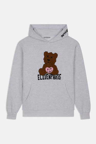 Sweat à capuche Fun Gris Chiné de face sur fond blanc, ours brun brodé tenant un coeur rose, inscription ELEVENPARIS