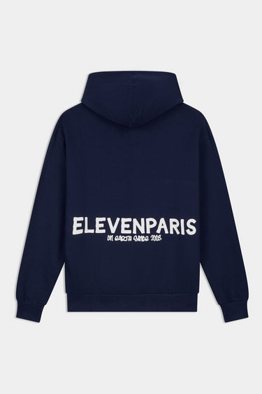 Sweat à capuche Fuzz Bleu Marine de dos sur fond blanc, grande inscription ELEVENPARIS brodée blanche