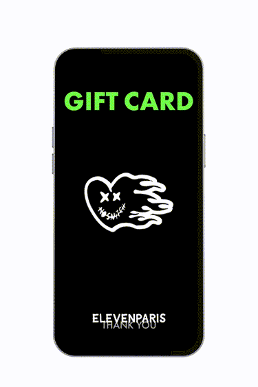 Carte cadeau Elevenparis affichée sur un écran de téléphone, fond noir, coeur souriant blanc et mention Thank you