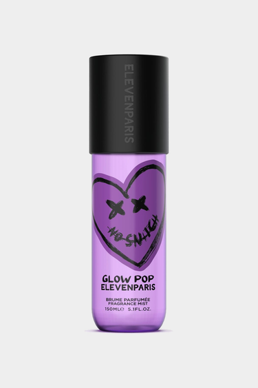 Brume parfumée Glow Pop Elevenparis 150 ml sur fond blanc, flacon violet à bouchon noir et coeur No Snitch