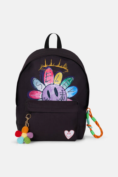Sac à dos Job Noir de face, fleur multicolore au feutre, porte-clés fleur en crochet et mousqueton orange
