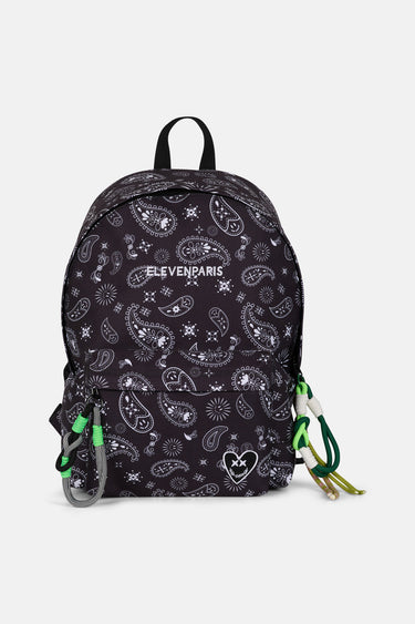 Sac à dos Jalley Bandana Noir de face, motif bandana blanc, inscription Eleven Paris et cordons verts