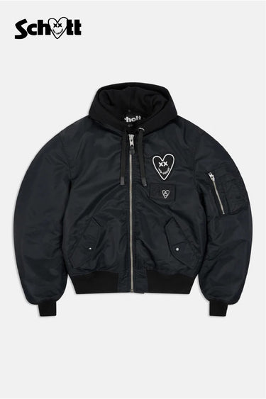 Veste bomber Eschott Noir à capuche amovible, vue de face à plat, patch cœur brodé sur la poitrine