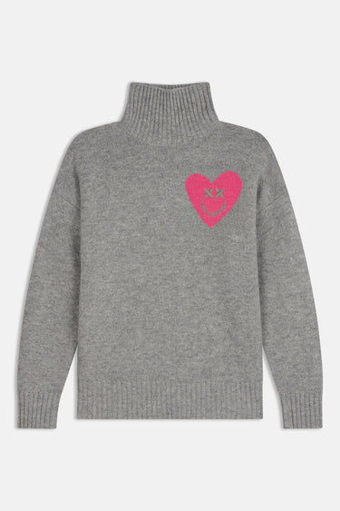 Pull col roulé Emile Gris chiné à plat de face, cœur rose brodé sur la poitrine