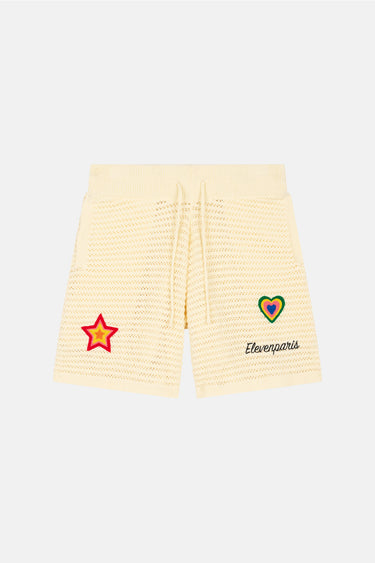 Short en maille ajourée Jabba Écru de face à plat, étoile, cœur et signature Elevenparis brodés
