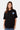 T-shirt Jais Noir porté par une mannequin femme, de face, petit cœur bleu qui coule sur la poitrine