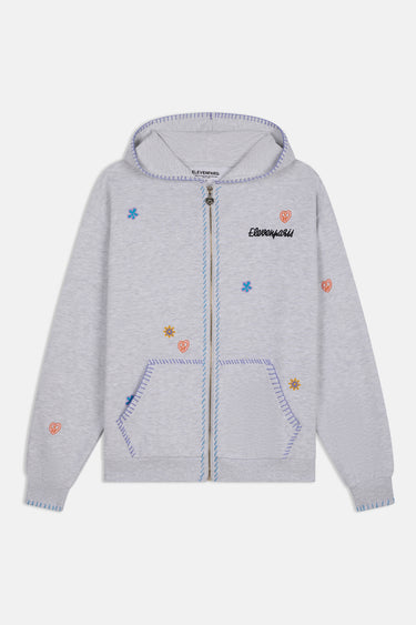 Sweat à capuche zippé Jalya Gris Chiné à plat de face, petites fleurs et cœurs brodés, surpiqûres bleues