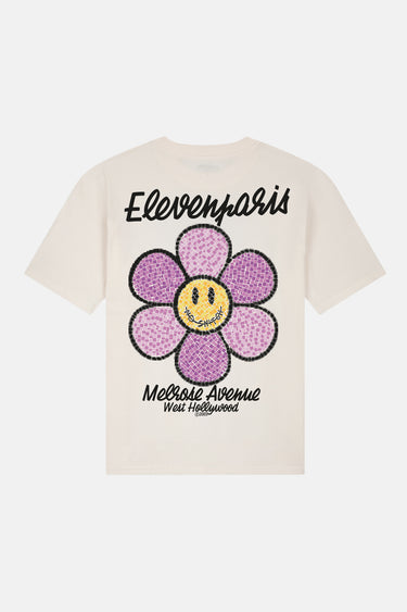 T-shirt Jamaica Écru à plat de dos, grande fleur violette souriante, inscriptions Elevenparis et Melrose Avenue