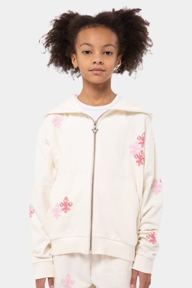 Sweat à capuche zippé enfant Jamelia Écru porté de face par une fille, plan taille, fleurs de lys roses brodées