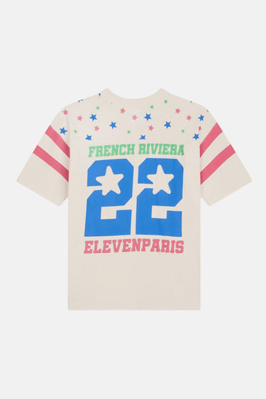 T-shirt James Écru à plat de dos, grand 22 bleu, inscriptions French Riviera et Elevenparis, étoiles colorées