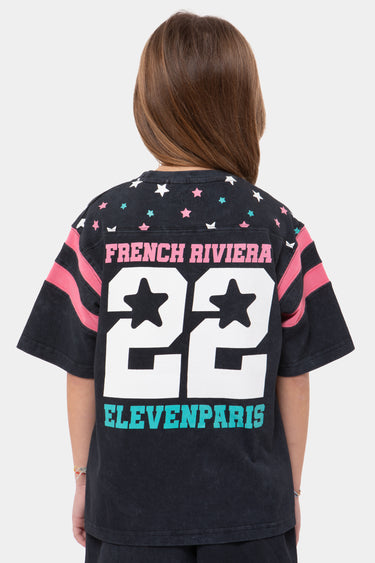 T-shirt enfant Juline Noir Délavé vu de dos, grand 22 blanc, textes French Riviera rose et Elevenparis turquoise