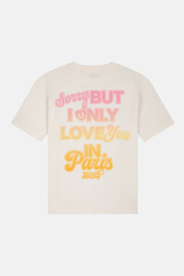 T-shirt Jaris Écru à plat de dos, grand texte Sorry But I Only Love You in Paris rose et orange