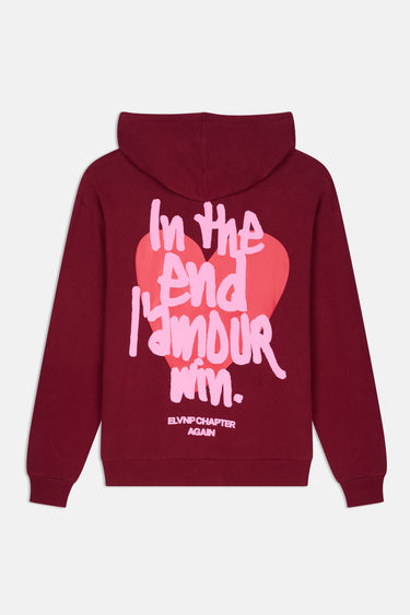 Sweat à capuche Javalentin Bordeaux à plat, de face, poche kangourou, cordons rayés et inscription rose l'amour win