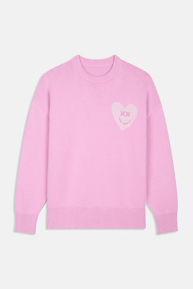 Pull Jedmo Rose à plat, vue de face, coeur rose pâle à croix roses et sourire brodé, col rond