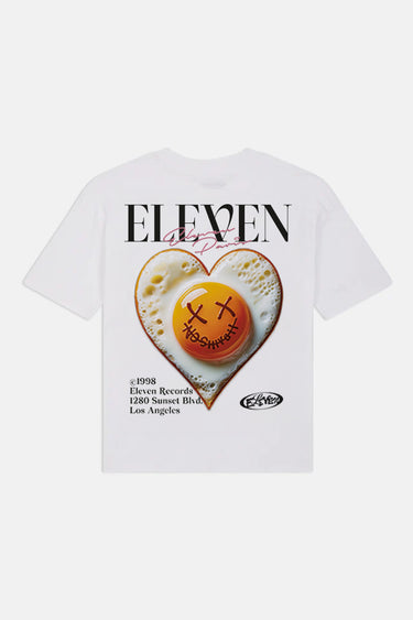 T-shirt Jegg Blanc à plat, vue de dos, coeur oeuf au plat à croix, inscription Eleven et mention Los Angeles