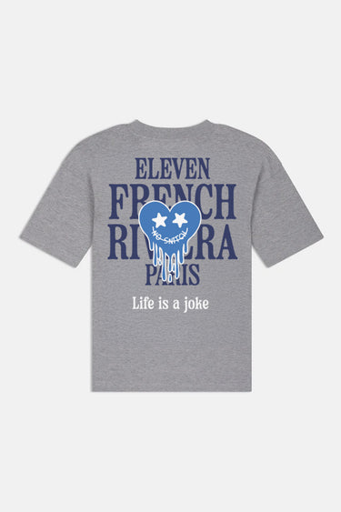 T-shirt Jelly Gris Chiné à plat, vue de dos, inscription Eleven French Riviera Paris, coeur bleu et Life is a joke