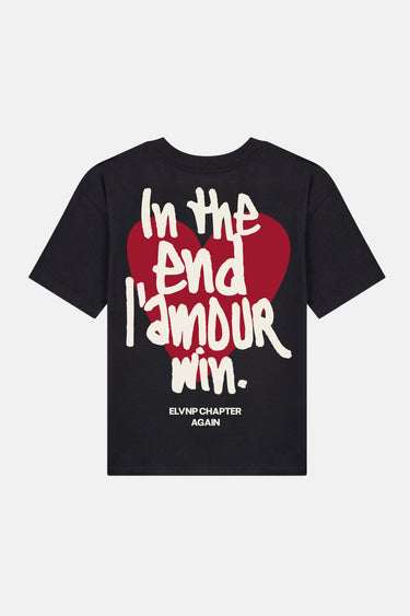 T-shirt Jentin Noir à plat, vue de dos, grand coeur rouge et inscription crème In the end l'amour win