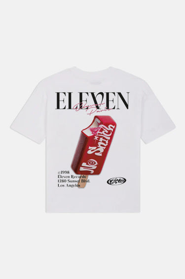 T-shirt Jerry Blanc à plat, vue de dos, glace rouge No Snitch, inscription Eleven et adresse Eleven Records