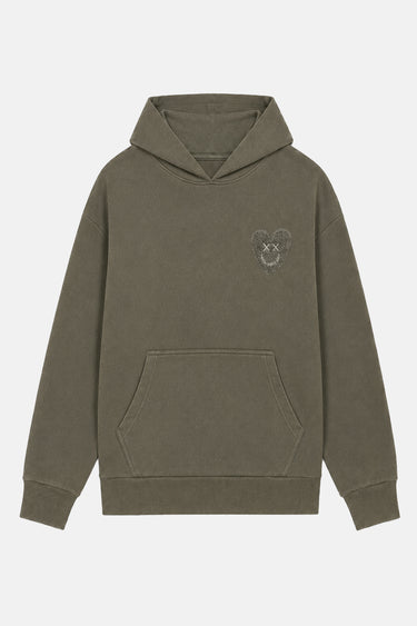 Sweat à capuche Jeuda Kaki à plat, vue de face, poche kangourou et petit coeur à croix brodé sur la poitrine