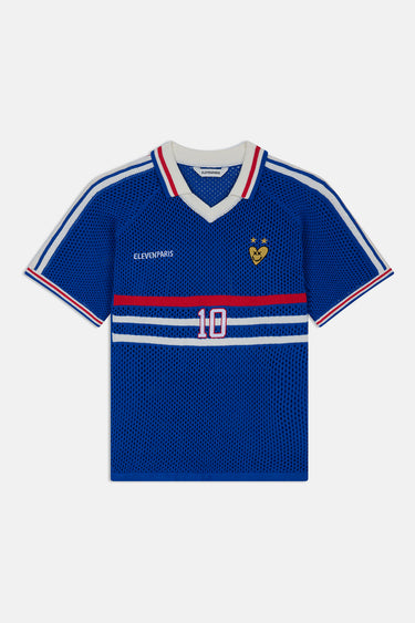 Maillot Jfrance Bleu en maille ajourée à plat, de face, bandes tricolores, numéro 10 et écusson coq brodé