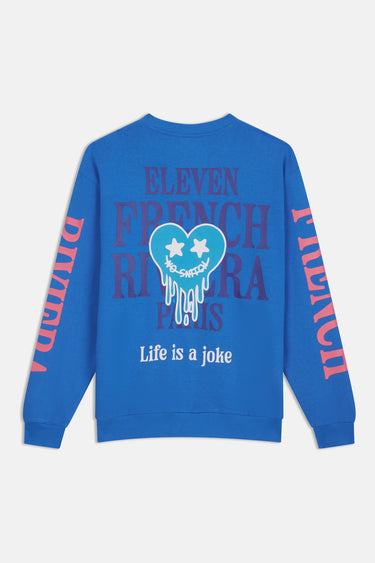 Sweat col rond Jim Bleu à plat, vue de dos, inscription Eleven French Riviera Paris, cœur turquoise et Life is a joke