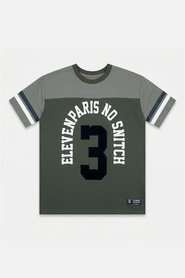 T-shirt Joinville Kaki bicolore à plat, vue de face, numéro 3 bleu marine, inscription blanche en arc, étiquette basse