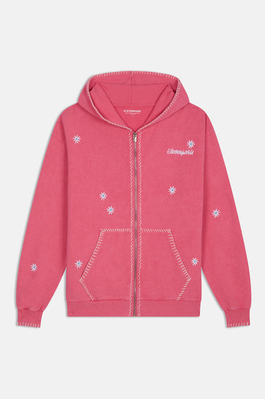 Sweat zippé à capuche Josalyne Rose à plat, vue de face, surpiqûres blanches, marguerites brodées et inscription Elevenparis