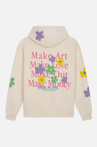 Sweat à capuche Josie Écru à plat, vue de dos, inscription rose Make Art Make Love Make Out Make Money et fleurs colorées
