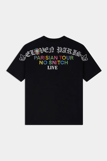 T-shirt Joy Noir vu de dos à plat, lettrage gothique Eleven Paris et inscription Parisian Tour No Snitch Live