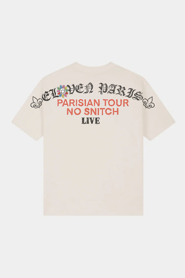 T-shirt Joy Écru vu de dos à plat, lettrage gothique Eleven Paris et inscription orange Parisian Tour No Snitch Live