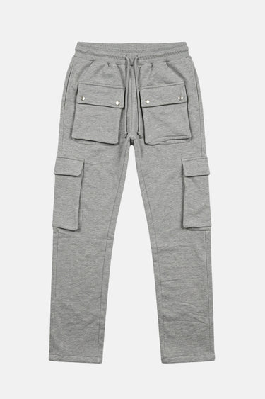 Jogging cargo Juede Gris Chiné vu de face à plat, poches à rabat boutonnées, cordon de serrage, fond blanc