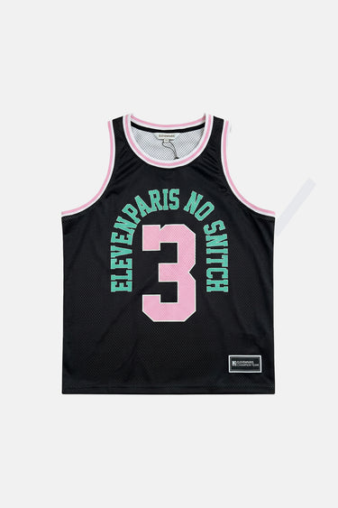 Débardeur de basket Junior Noir vu de face à plat, Elevenparis No Snitch vert, numéro 3 rose, bordures roses, fond blanc