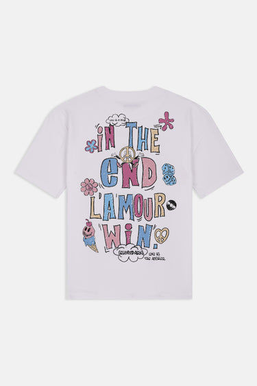 T-shirt Jwin Blanc vu de dos à plat, inscription pastel In the end l'amour win avec fleurs, glace et peace and love