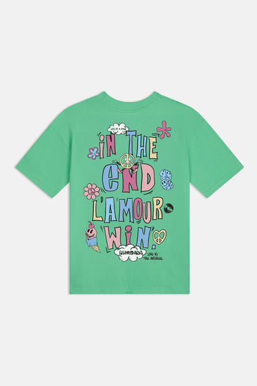 T-shirt Jwin Vert menthe vu de dos à plat, inscription colorée In the end l'amour win avec fleurs et smiley