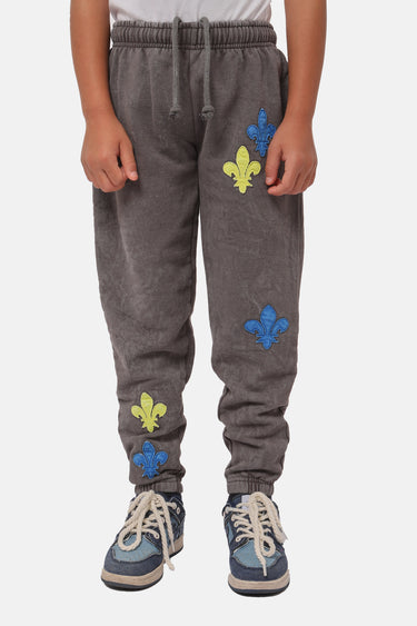Jogging Finley Gris porté par un enfant, vue de face avec fleurs de lys brodées bleues et jaunes sur les cuisses
