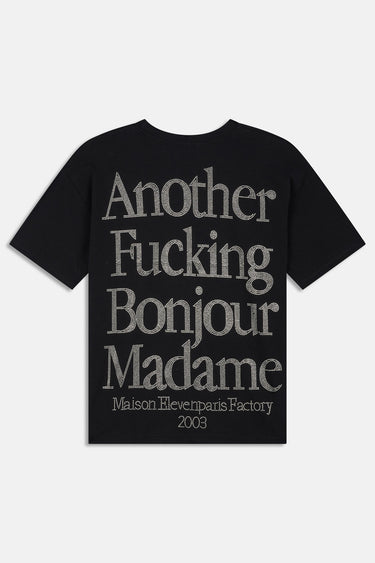 T-shirt Lys Noir Strass à plat, vue de dos avec inscription Another Fucking Bonjour Madame en strass