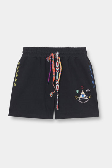 Short Maestro Noir à plat, vue de face avec cordons tressés multicolores, broderie pyramide et surpiqûres sur les poches