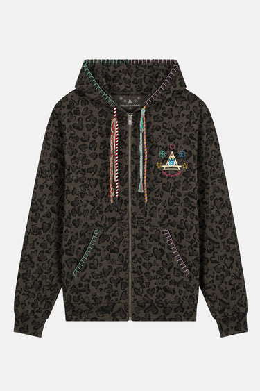 Sweat à capuche zippé Moon Coeur Noir à plat, vue de face avec imprimé coeurs léopard, cordons tressés et broderie pyramide
