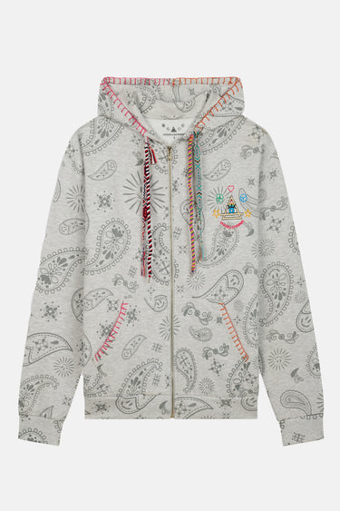 Sweat à capuche zippé Moon Bandana Gris Chiné de face à plat, imprimé cachemire et cordons tressés rouges