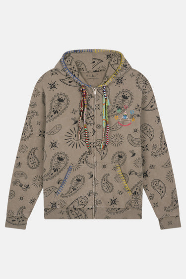 Sweat à capuche zippé Moon Bandana Kaki à plat, vue de face avec motif bandana noir, cordons tressés et broderie pyramide